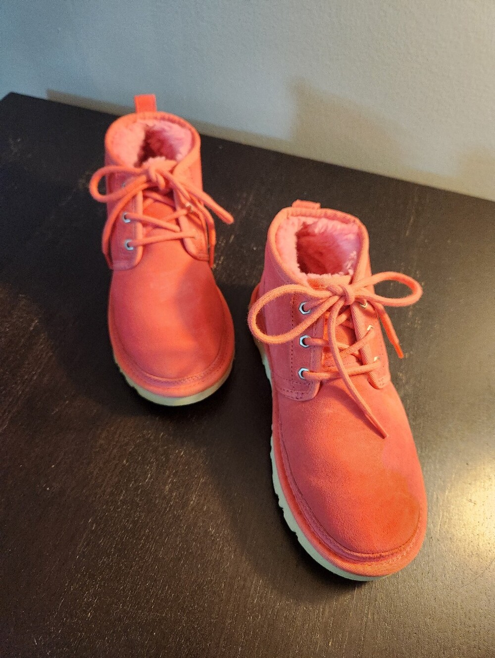 Women's Coral Pink Lace-Up Suede Ugg Boots. NEW